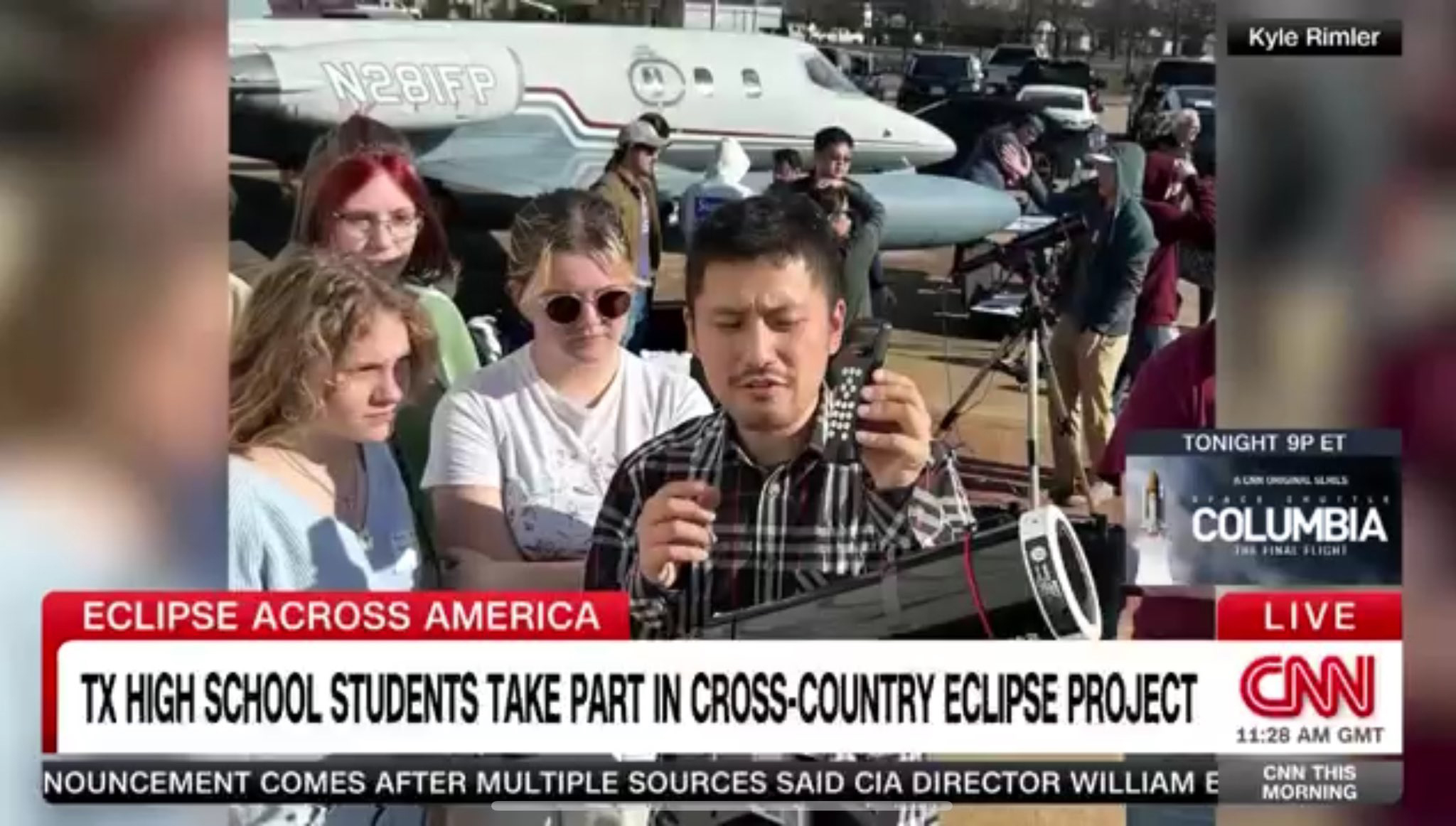 Screen shot of a CNN news segment on the Citizen CATE 2024 effort to document the April 8, 2024, total solar eclipse featuring Texas A&amp;M University atmospheric scientist Yue Zhang
