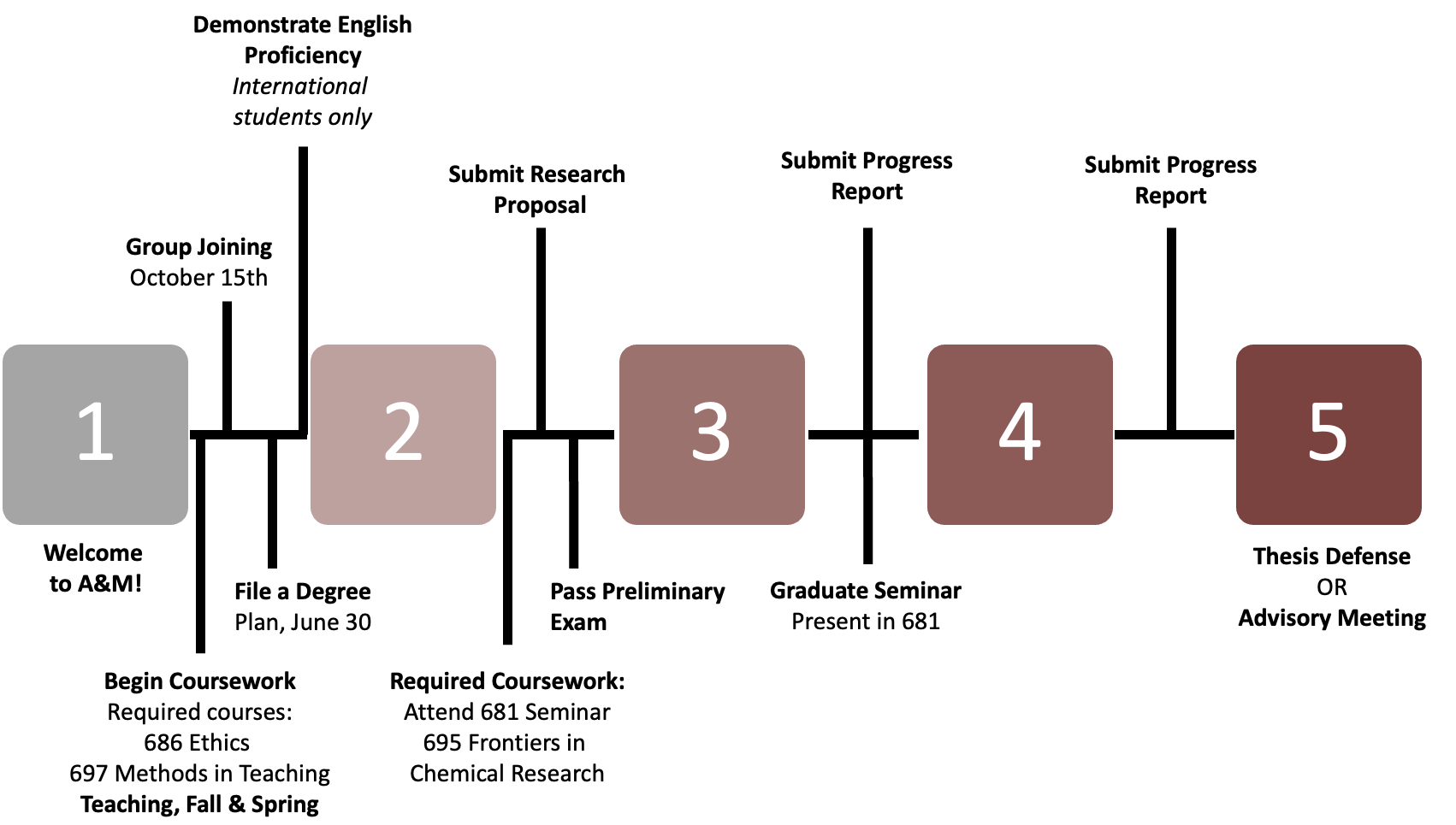Timeline which outlines six steps required for the Doctorate degree.  Written information may be found in the link aboce the image. 