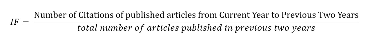 impact factor equation image. If Number of citations of published articles from Current Year to Previous Two Years is divided by total number of articles published in previous two years