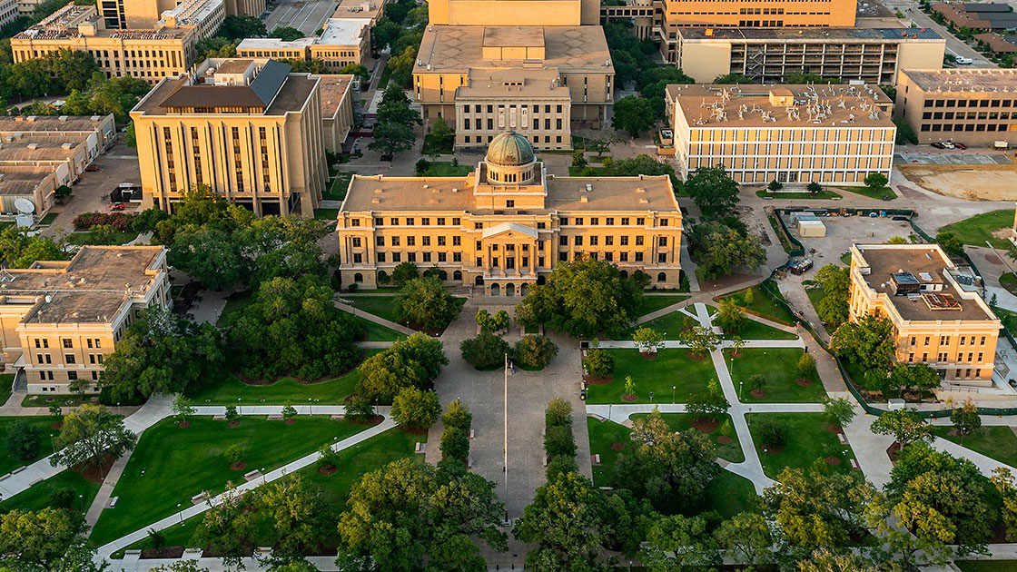 aerial photo of the academic building on Texas A&M University campus
