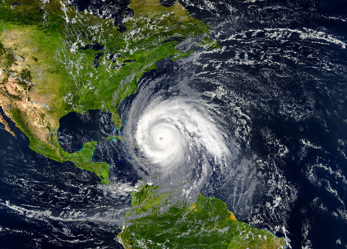 A large hurricane nears North America from the Atlantic ocean.