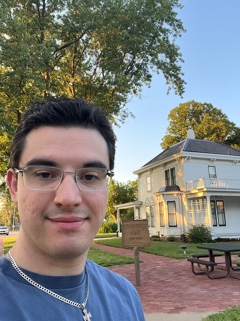 Brandon Willadsen in front of Dwight D. Eisenhower’s childhood home in Abilene, KS