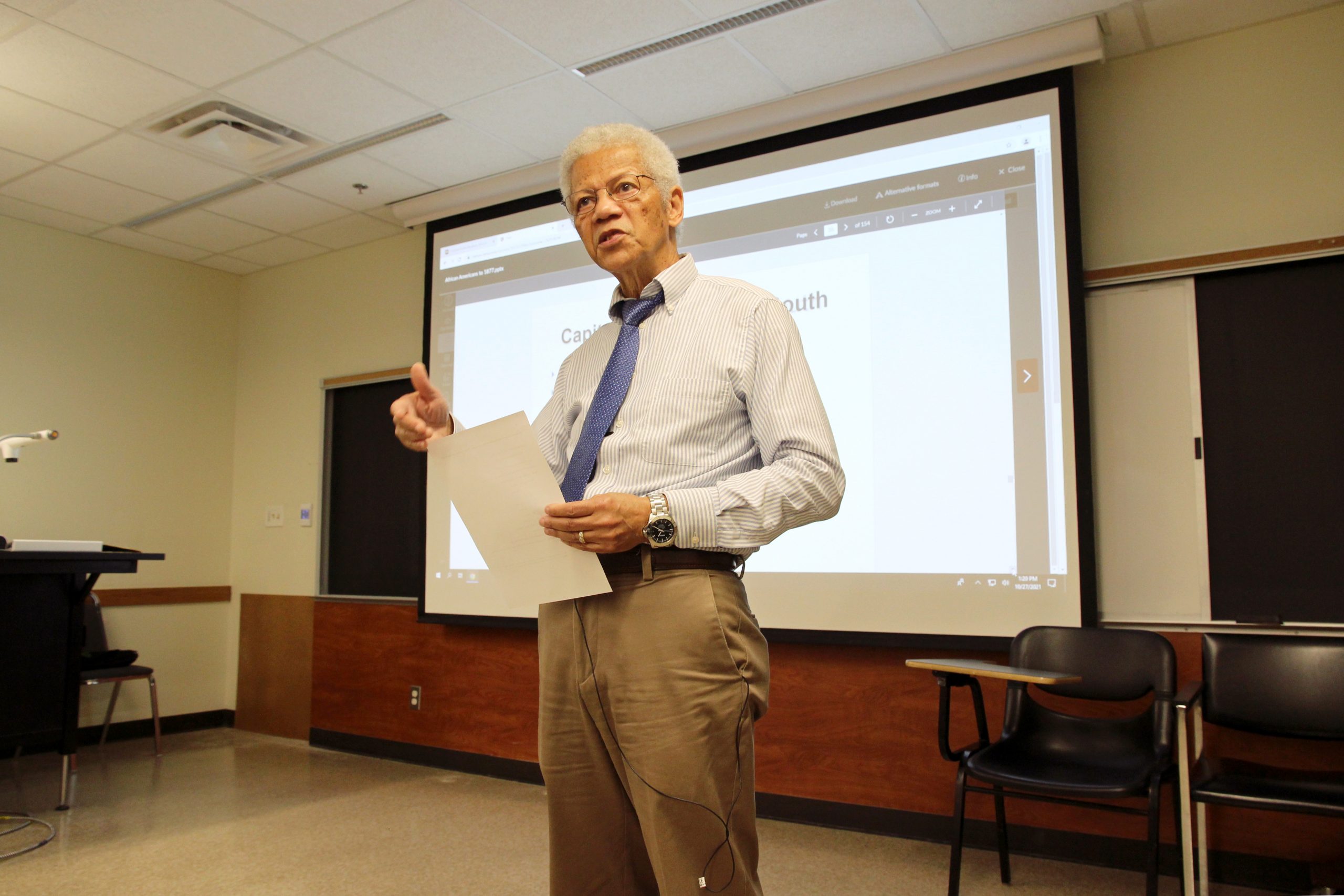 Dr. Albert Broussard teaching in a Texas A&amp;M classroom. Photo by Anna Burson ’24