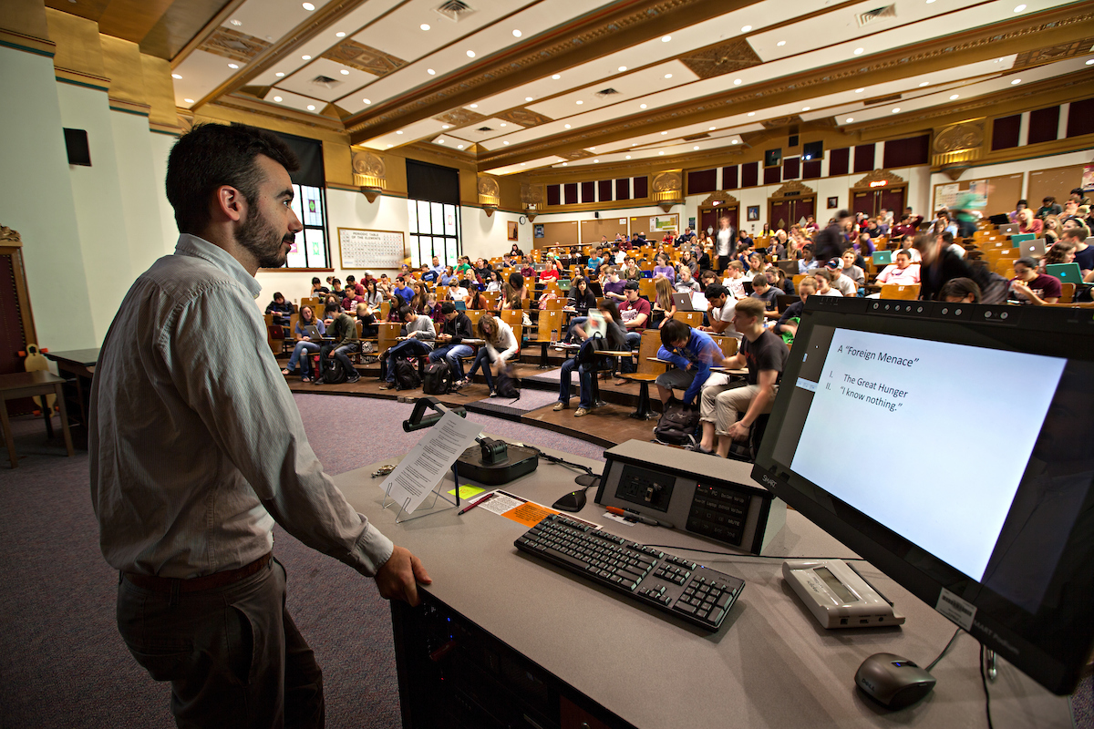 History Professor Brian Rouleau teaches in a lecture hall full of students at Texas A&amp;M University.