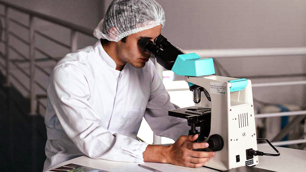 A student wearing a lab coat and hair net looks through a microscope.