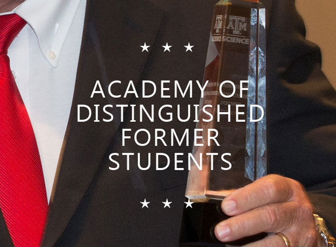 Academy of Distinguished Former Students text overlaid on a recipient holding a glass trophy