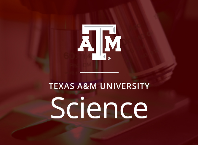 The Texas A&M Science logo in white superimposed on a maroon overlay of a microscope on a laboratory bench