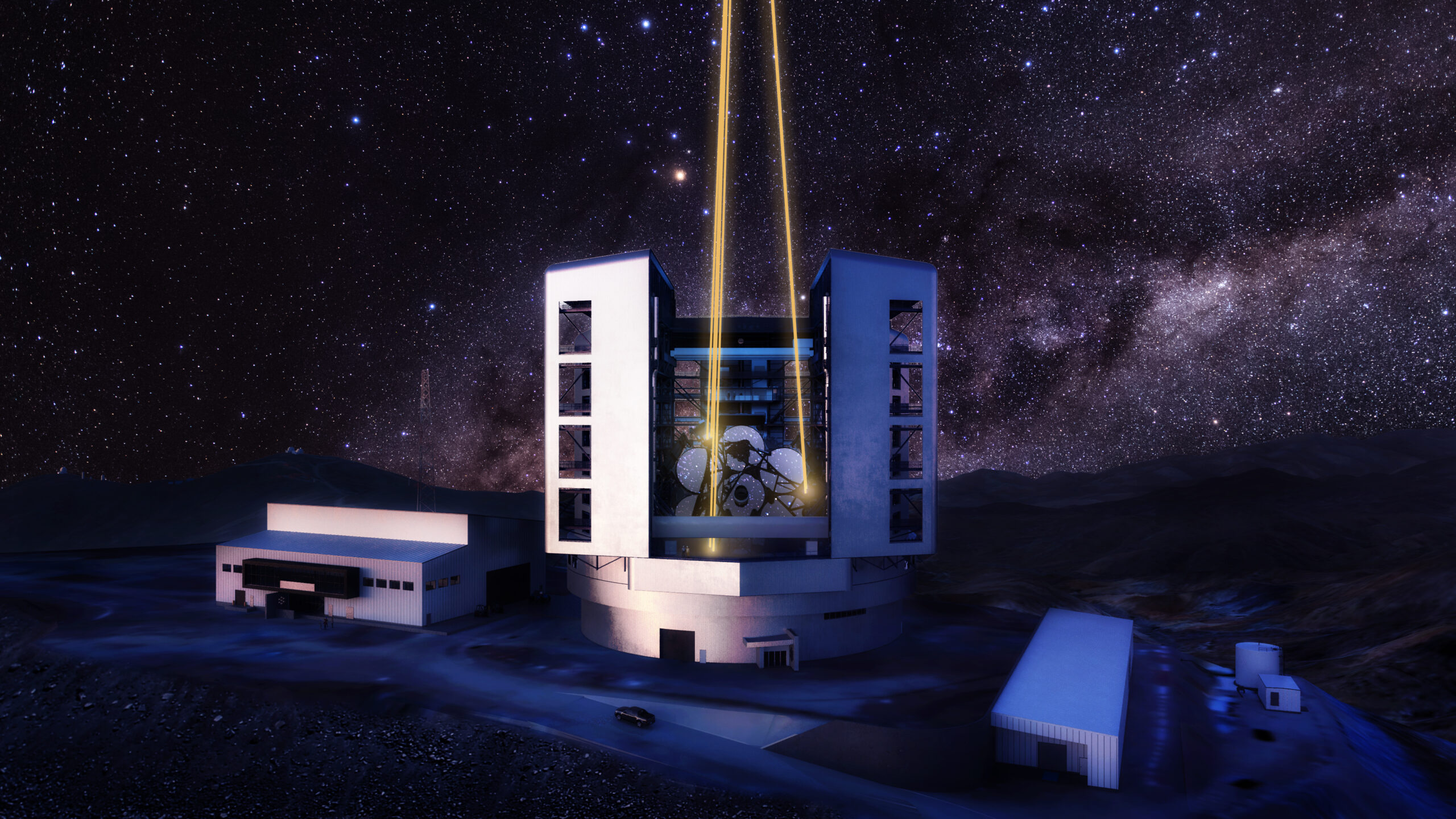 Artist's rendering of the Giant Magellan Telescope's exterior with lasers