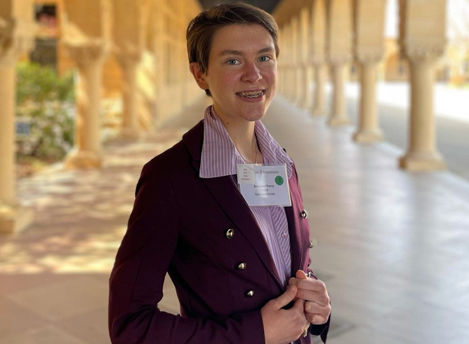 Texas A&M biology major Annabel Perry is all smiles while visiting Stanford University in spring 2022