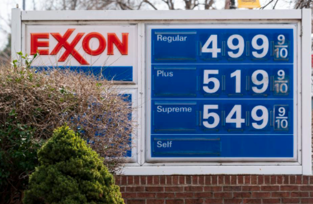 Exxon gas station sign showing gasoline prices