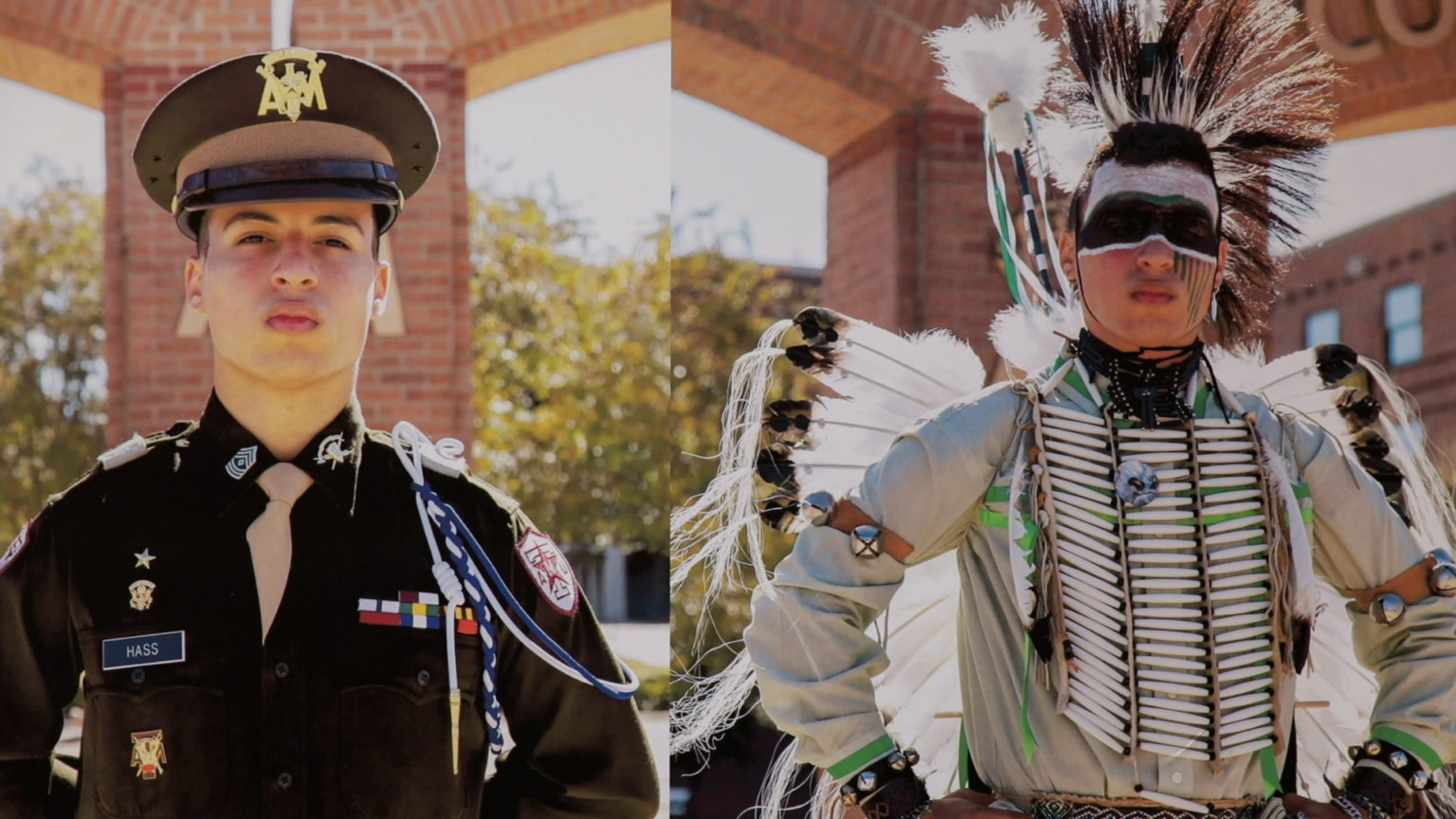 Side-by-side photos of a man showing him wearing a Corps of Cadets uniform on the left and a set of traditional Native American regalia on the right