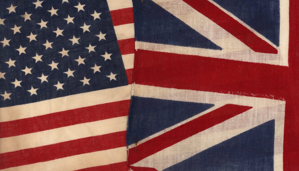A U.S. flag and a Union Jack of England