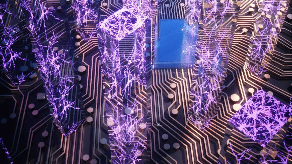 Abstract graphic of a microchip with brain neurons stemming upward