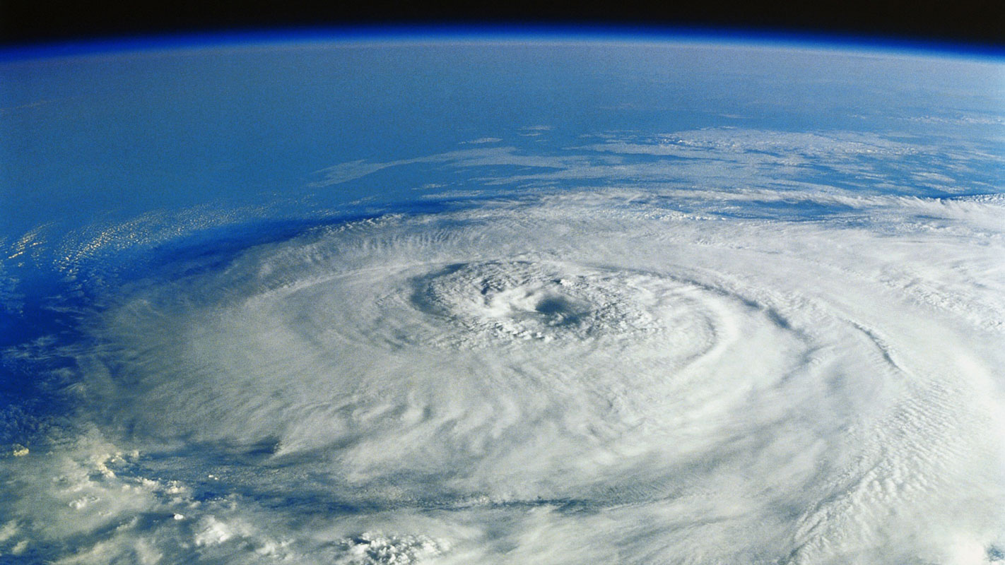view from above of circling hurricane clouds