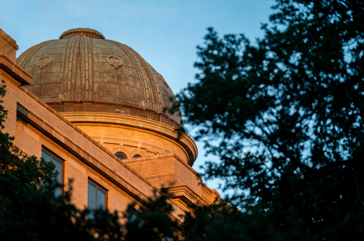 Texas A&M Academic Building Dome, viewed from a distance through trees