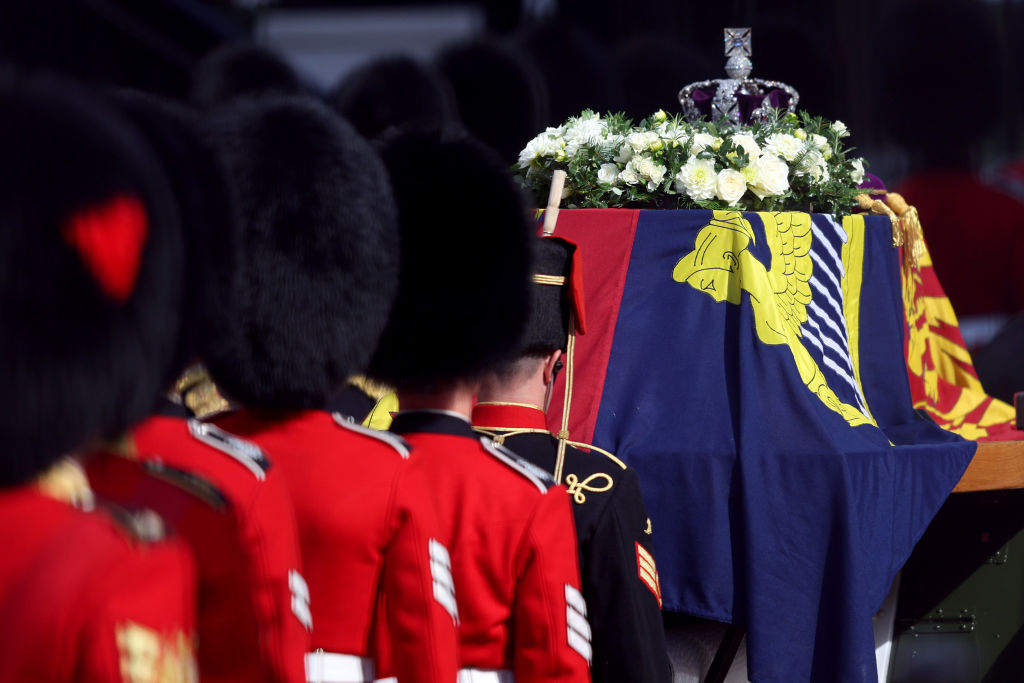 The Imperial State Crown as seen on the coffin carrying Queen Elizabeth II during the procession for the Lying-in State of Queen Elizabeth II in London