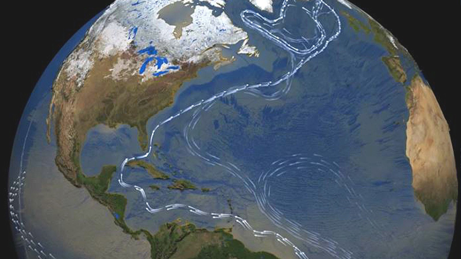 Satellite image of the Earth with the Atlantic Meridional Overturning Circulation modeled using directional arrows to mark the currents