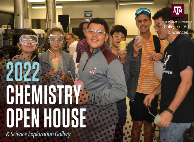 A group of K12 students wearing goggles and holding the byproducts of an exothermic reaction at a previous chemistry outreach event at Texas A&M University