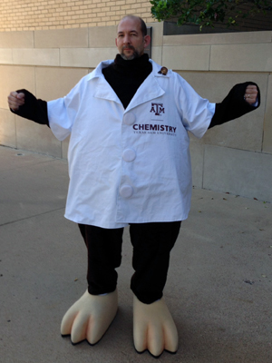 Texas A&amp;M chemist Simon North in the Chemistry mole suit, minus the head piece and hands