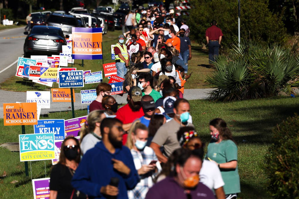 A long line of people waiting to vote snakes down the sidewalk for the entirety of the frame, flanked by campaign signs and parked cars