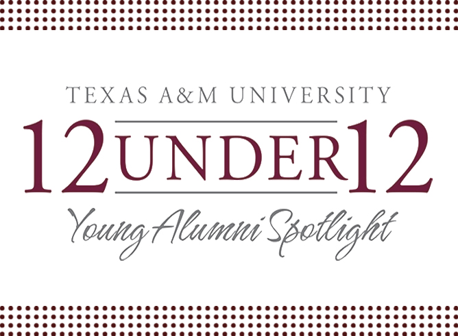 Graphic featuring 12 Under 12 logo in maroon on white background