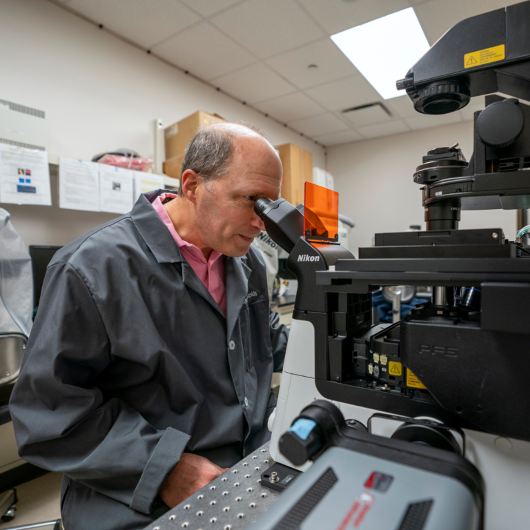Texas A&amp;M professor Robert Chapkin looks through the eyepiece of a microscope within his laboratory on the Texas A&amp;M University campus.