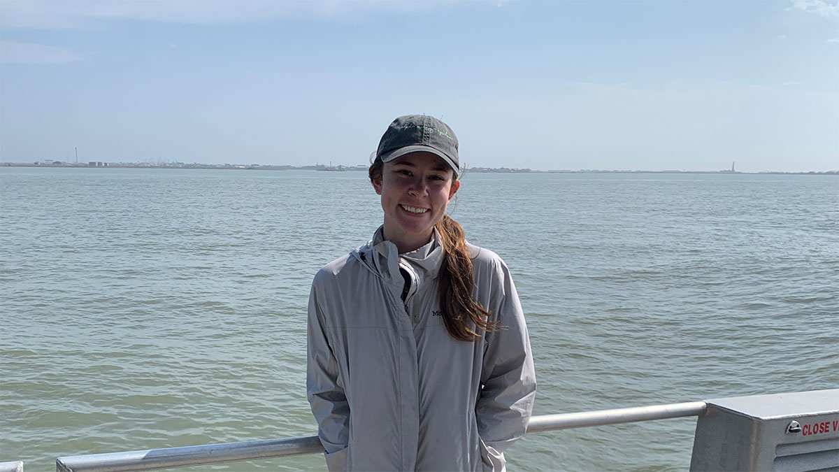 Catie Kaylor ’23, oceanography undergraduate student, on a Texas A&amp;M oceanography teaching cruise in Galveston Bay in Fall 2021. 