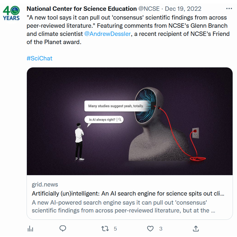 A screenshot of a Tweet from the National Center for Science Education sharing the Grid article featuring comments by Andrew Dessler.