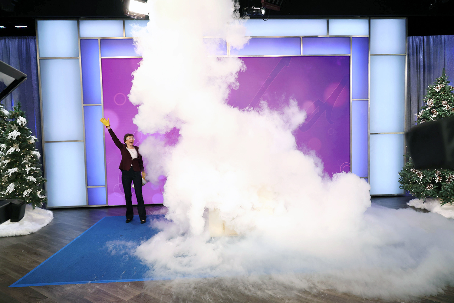 Texas A&amp;M physicist Tatiana Erukhimova, enveloped by a big white cloud while wearing goggles and rubber gloves on the set of The Jennifer Hudson Show
