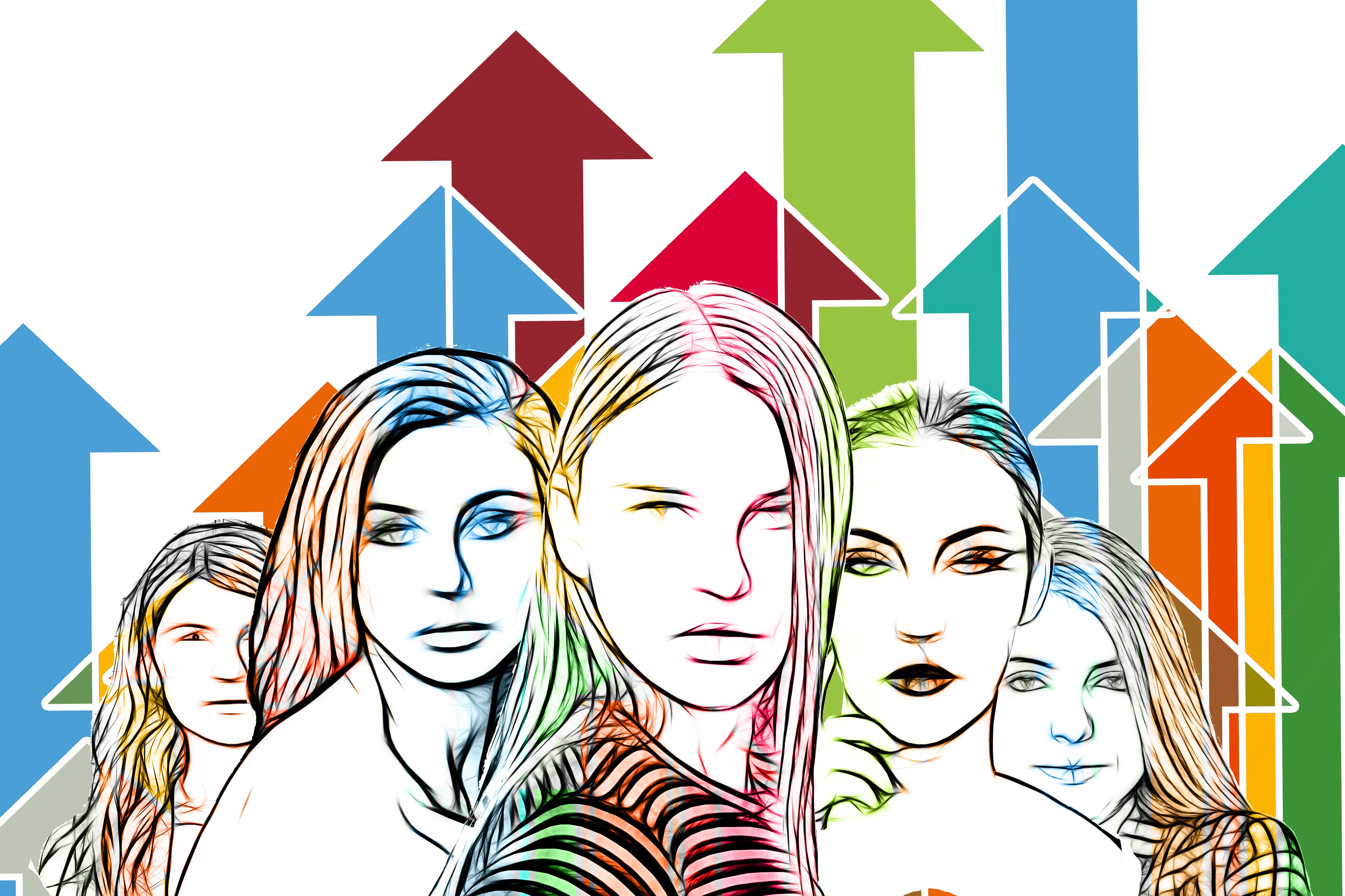 Multicolored vector graphic featuring faces of women and a series of arrows pointing upward