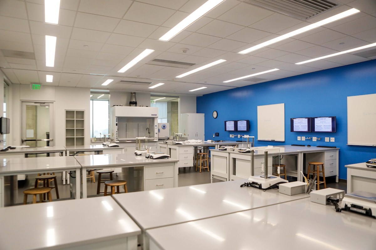 Wide view of a general chemistry laboratory within the Instructional Laboratory and Innovative Learning Building at Texas A&amp;M University