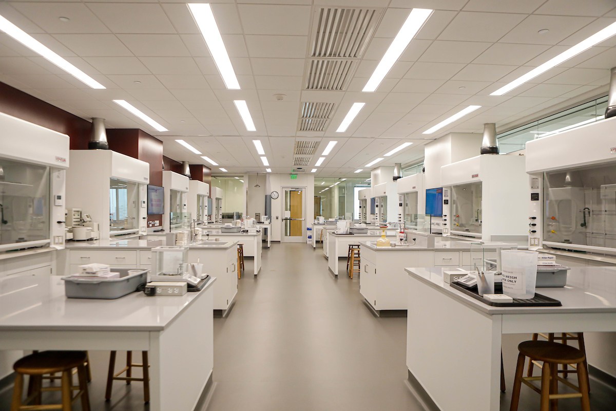 Wide view of an organic chemistry laboratory within the Instructional Laboratory and Innovative Learning Building at Texas A&amp;M University