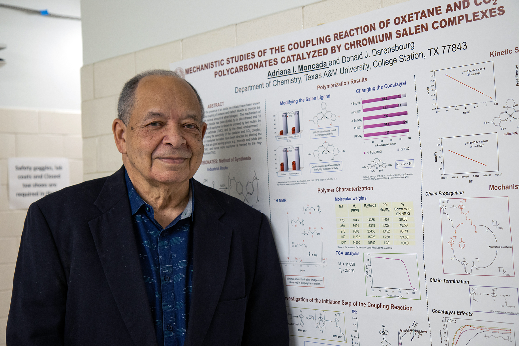 Texas A&amp;M chemist Donald Darensbourg stands by one of his research posters within the Texas A&amp;M Chemistry Building