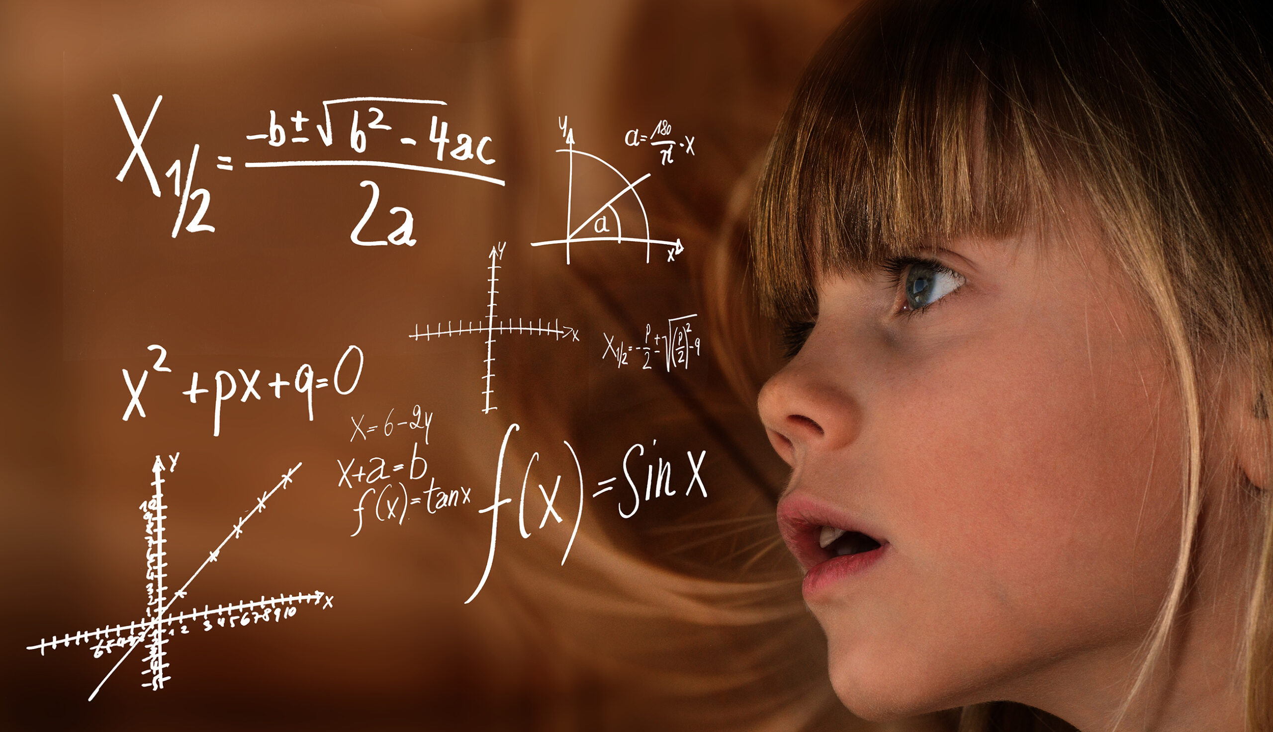 A young girl marvels at a grouping of mathematical problems and formulas displayed on a neutral tan background