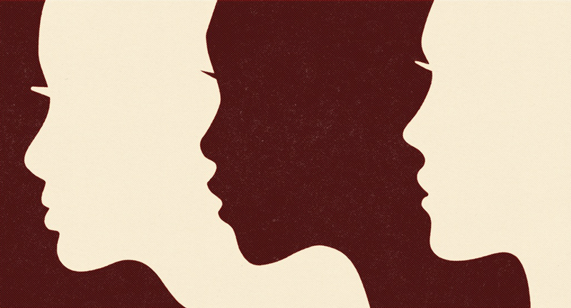 Graphic featuring maroon and off-white silhouettes of female faces in profile