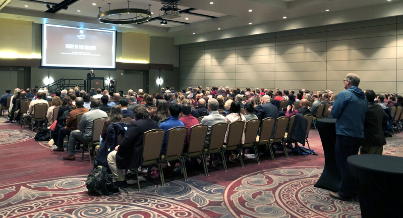Wide view of the crowd at the 2023 State of the College address for the College of Arts and Sciences at Texas A&M University