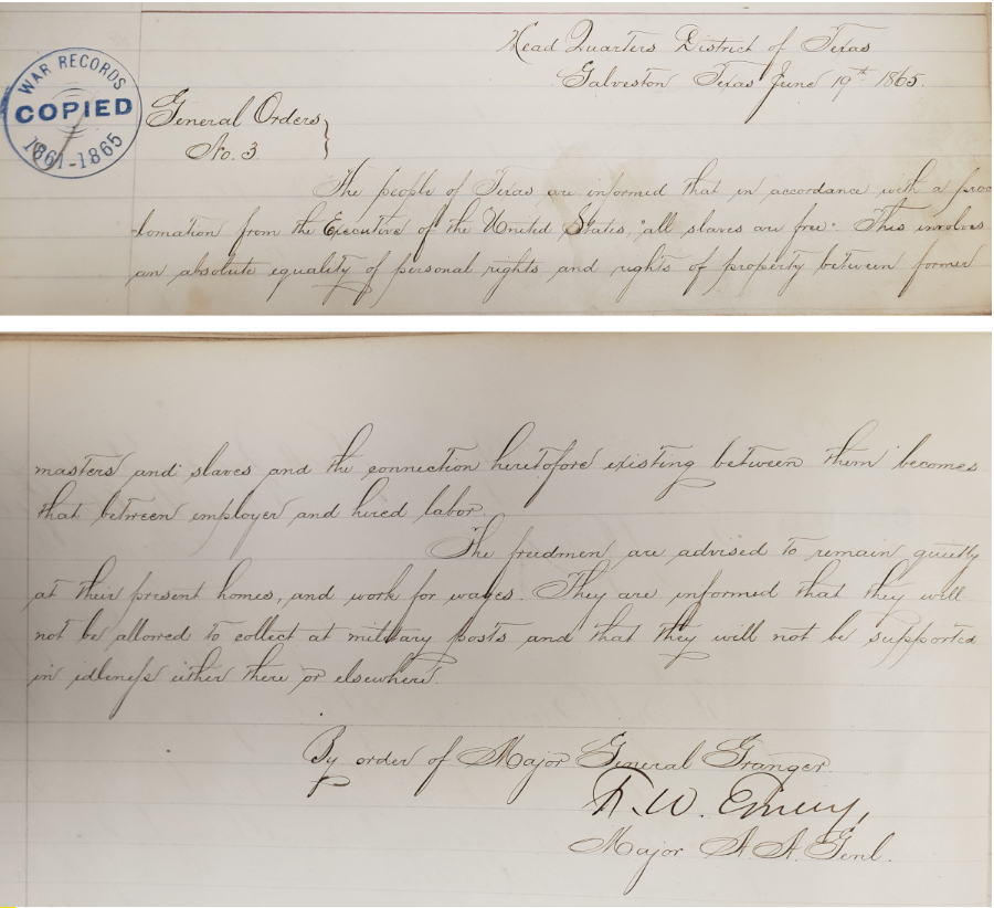 An original handwritten copy of Maj. Gen. Gordon Granger’s famous Juneteenth order as displayed in the National Archives