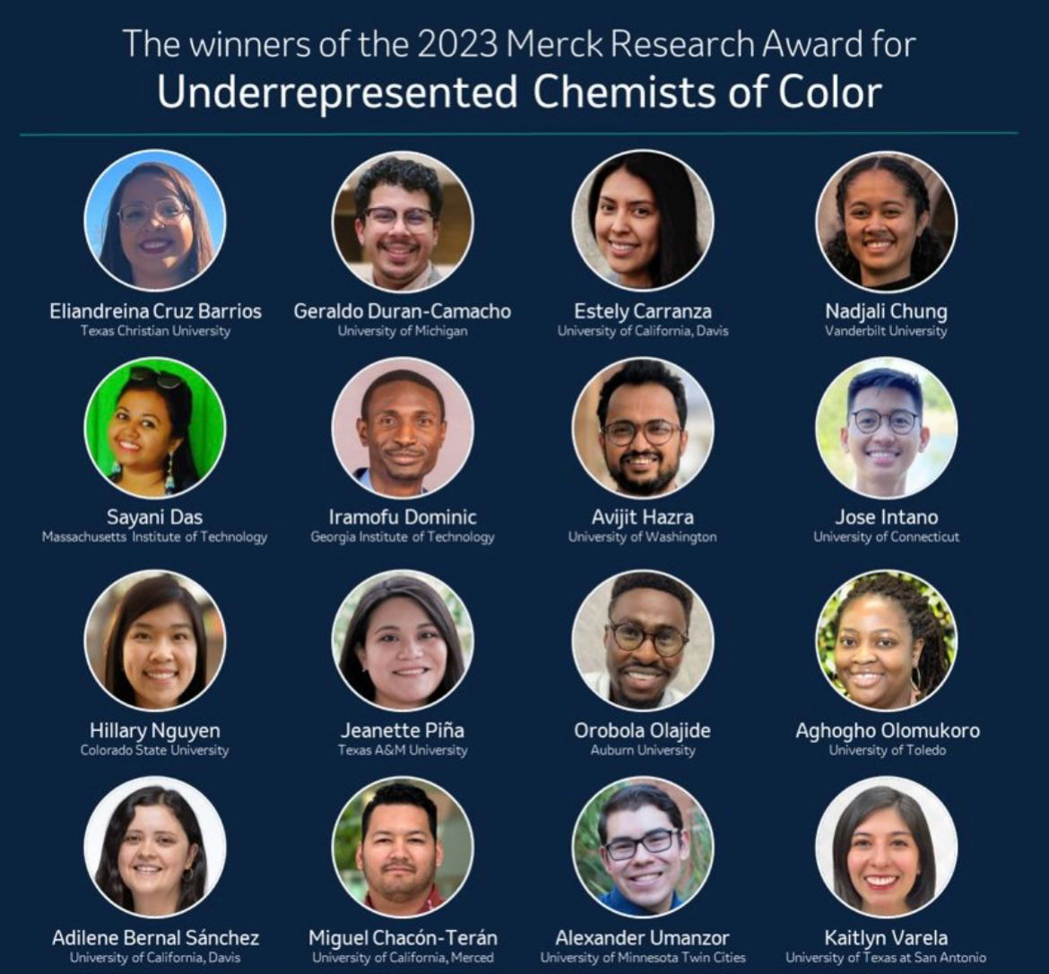 Graphic featuring thumbnail images and names of the 2023 Merck Research Award for Underrepresented Chemists of Color recipients