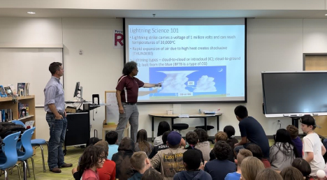 Texas A&amp;M atmospheric scientist Timothy Logan presents on lightning safety to fifth-graders at Fabra Elementary School in Boerne, Texas