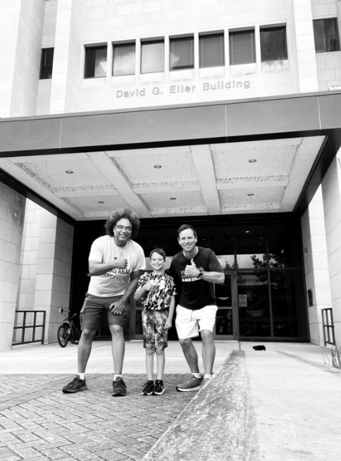 Texas A&amp;M atmospheric scientist Timothy Logan, Samuel McGee and Sam McGee pose in front of the Eller Oceanography and Meteorology Building on the Texas A&amp;M University campus