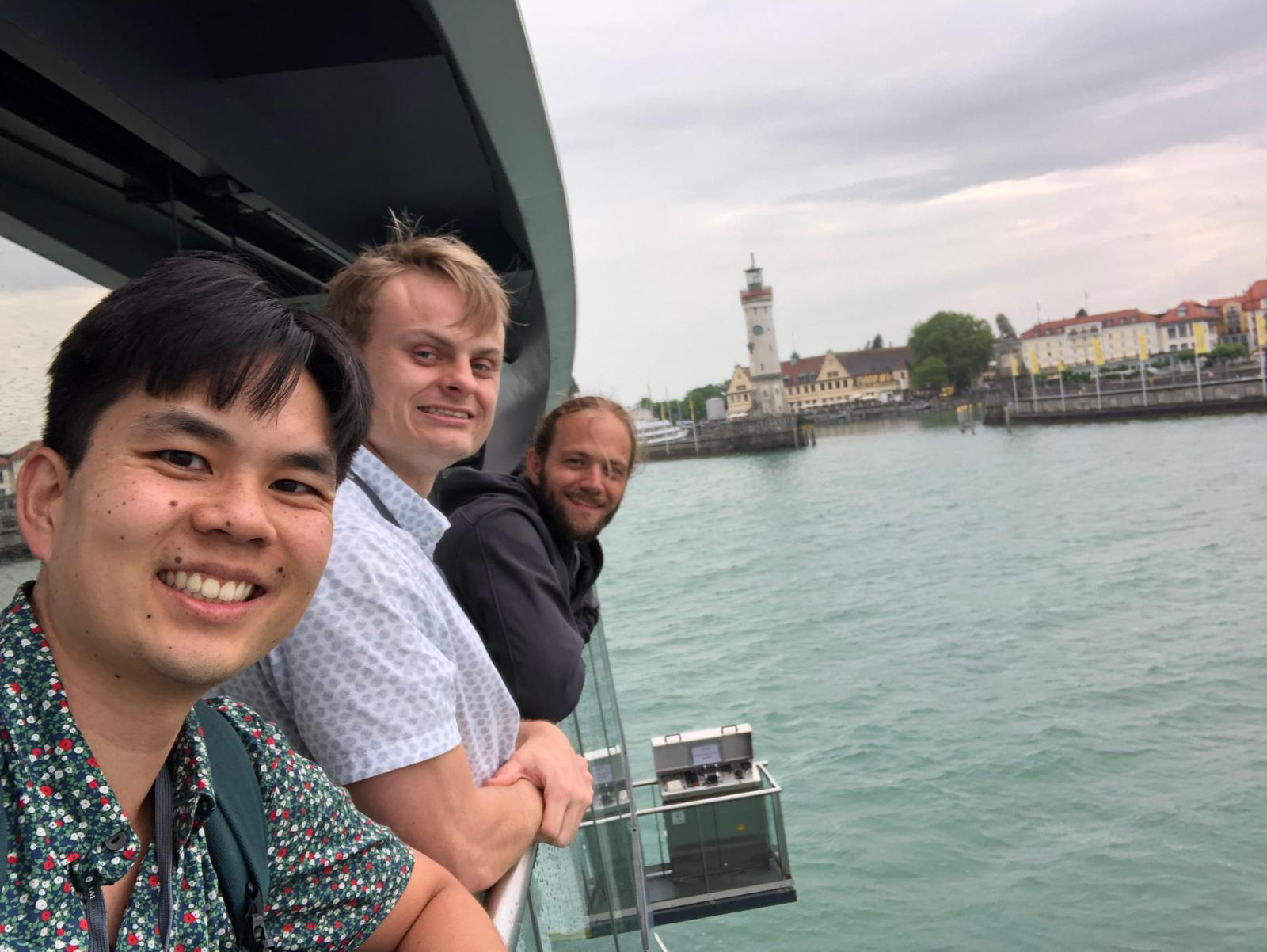 Texas A&amp;M University graduate students Alexander Lu, Alan Hodges and Evan Lloyd on the boat trip to Mainau Island