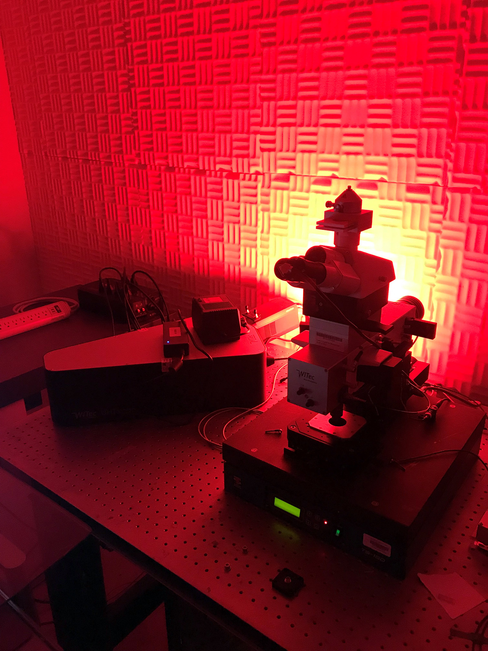 A confocal Raman/atomic force microscope used for studying mechanically induced reactions, pictured within the Batteas Laboratory at Texas A&amp;M University