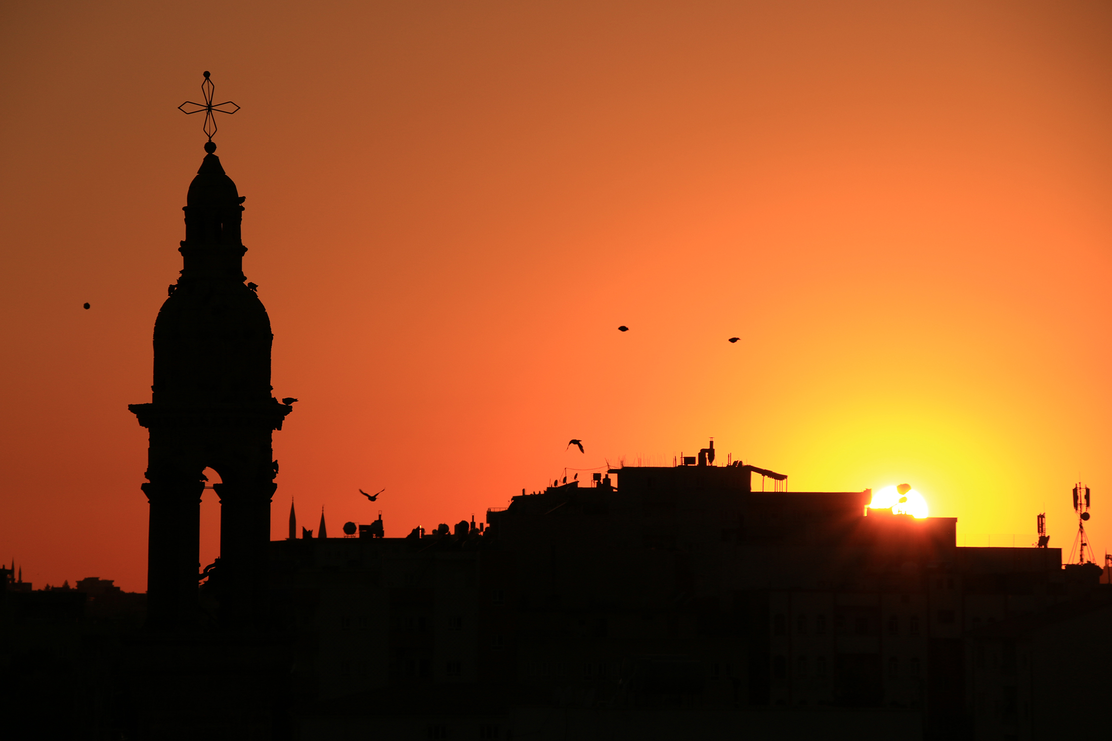 Bell tower of a church with birds flying overhead and the sun blazing on the horizon in the background