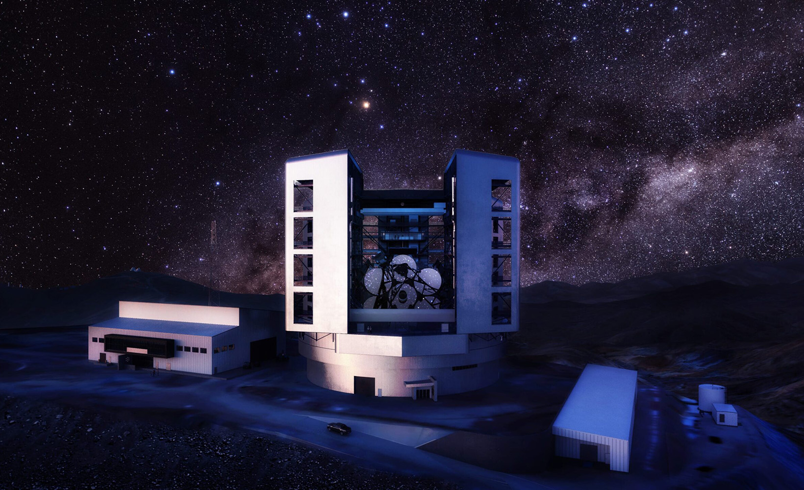 Latest design of the Giant Magellan Telescope enclosure, telescope and site at Las Campanas Observatory in Chile, with a night sky background