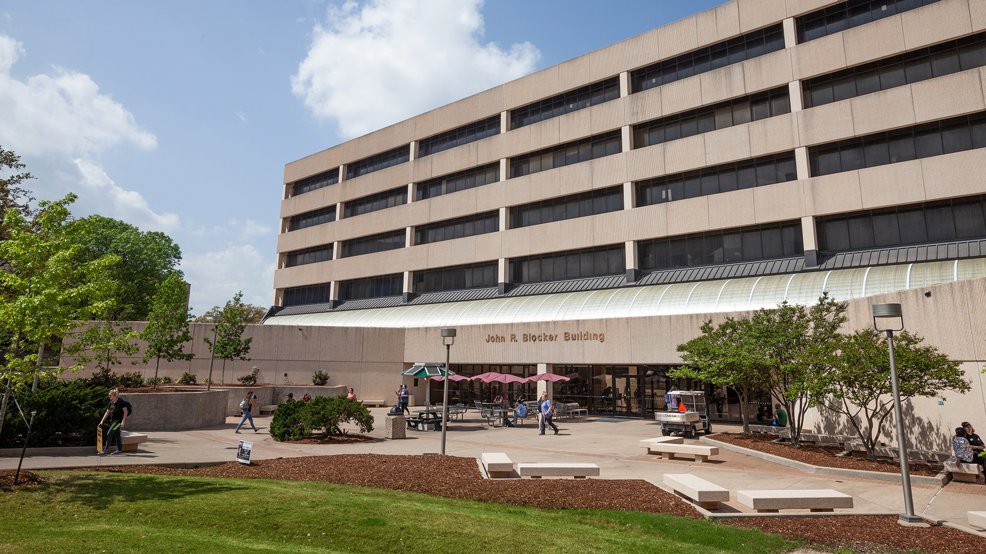 Front entrance of the John R. Blocker Building on the Texas A&amp;M University campus