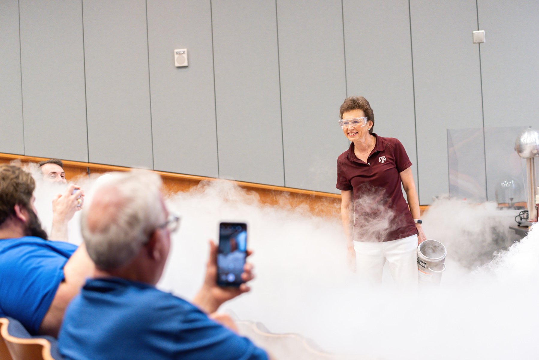 Texas A&amp;M physicist Tatiana Erukhimova performs a liquid nitrogen-related experiment at the Mitchell Institute Physics Enhancement Program for high school physics teachers
