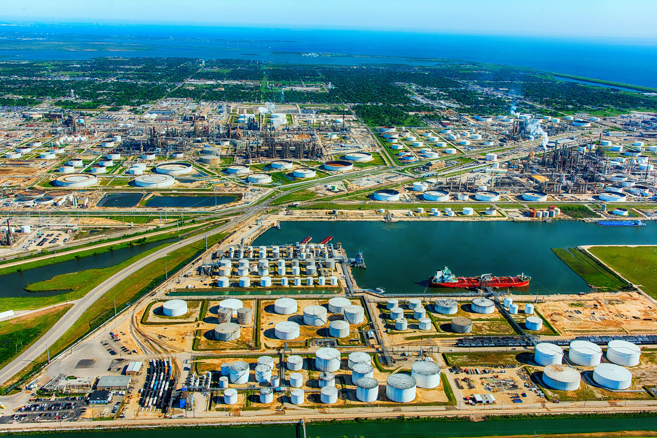 Aerial view of an oil refinery in Texas City, Texas, located just south of Houston on Galveston Bay