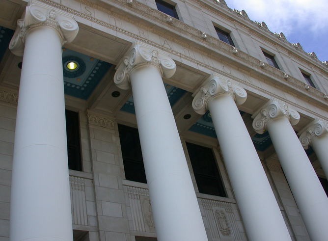 Front columns of the Jack K Williams building on the Texas A&M campus