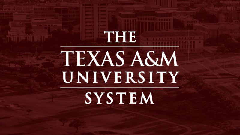 Graphic featuring an aerial image of the east entrance to the Texas A&amp;M University campus with a maroon overlay and the words "The Texas A&amp;M University System" in white