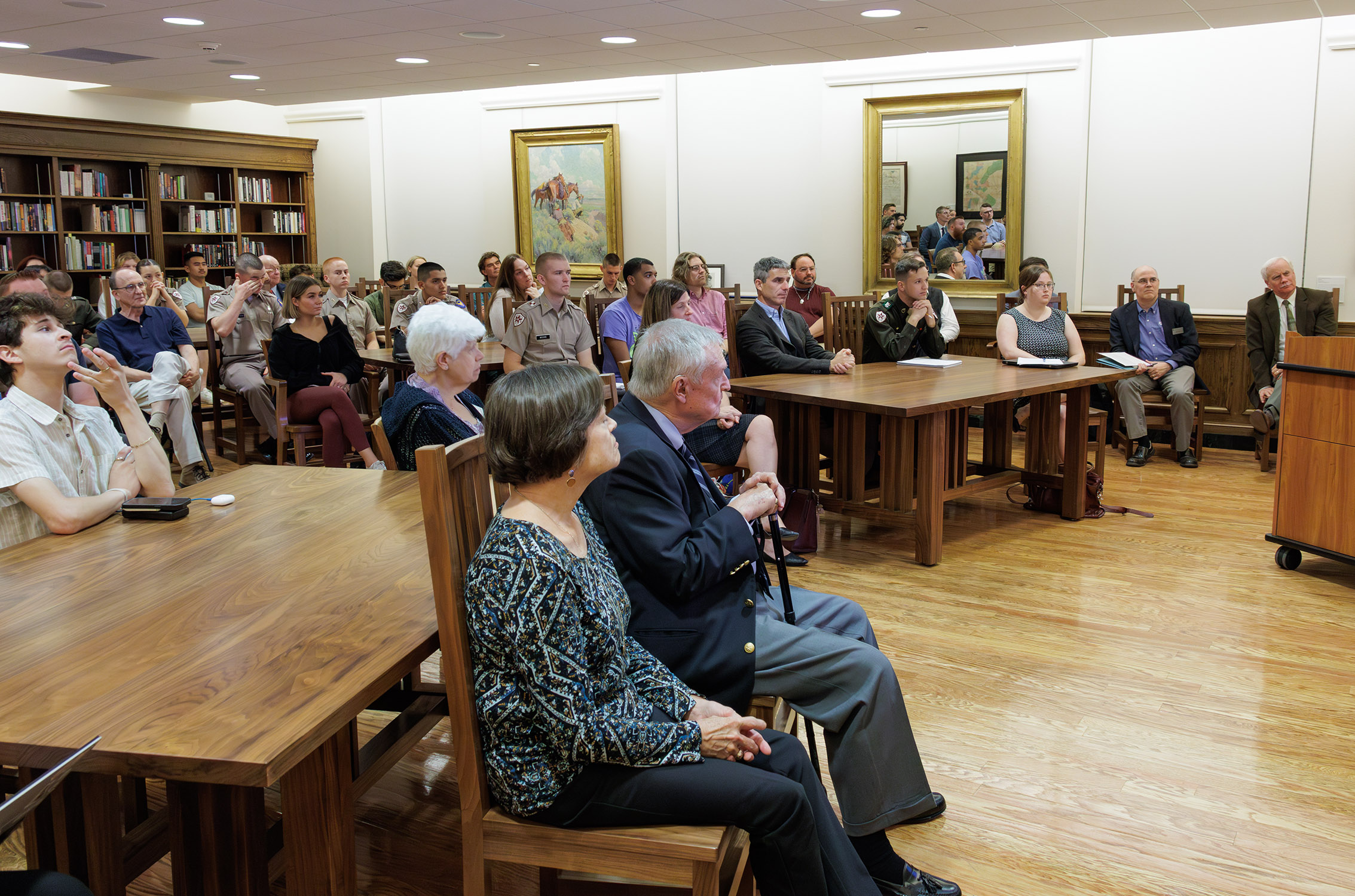 Wide angle of the crowd assembled for the Nov. 9, 2023 Never Forgotten: Conflict Archaeology and Military History at Texas A&amp;M Symposium event where junior history major Jackson Baker presented